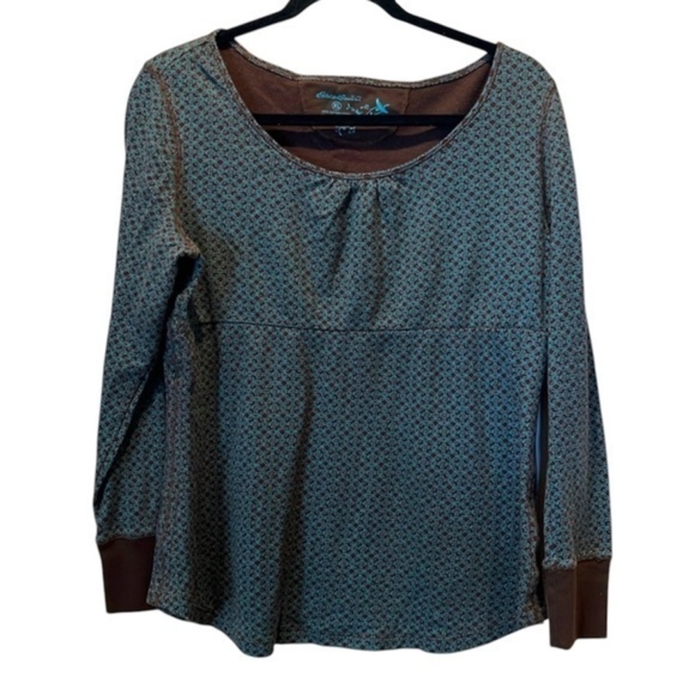 Eddie Bauer Women’s Cotton Shirt Babydoll Y2K Brown Teal Size XL